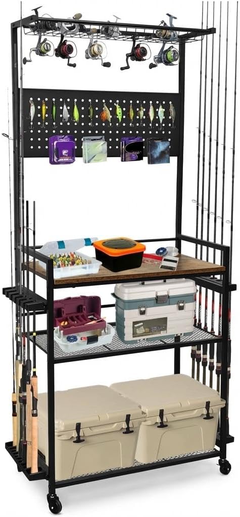 Fishing Rod Holders for Garage, Fishing Pole Rack with 3 Tier Shelf, Heavy Duty Fishing Pole Holders with Pegboard and Basket, Freestanding Fishing Rod Rack Hold up to 12 Fishing Rods, Black