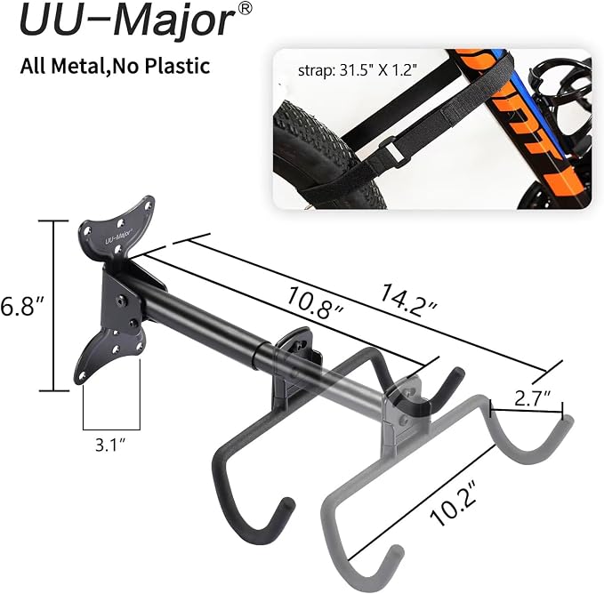 UU-Major Bike Wall Mount,Heavy Duty Bike Hanger, Mounted Bike Hook for Garage Wall,Horizontal Bike Rack for MTB,Road And Hybrid Bikes Storage,Thicker Metal With Rubber Coating.(Adjustable*1Pack)