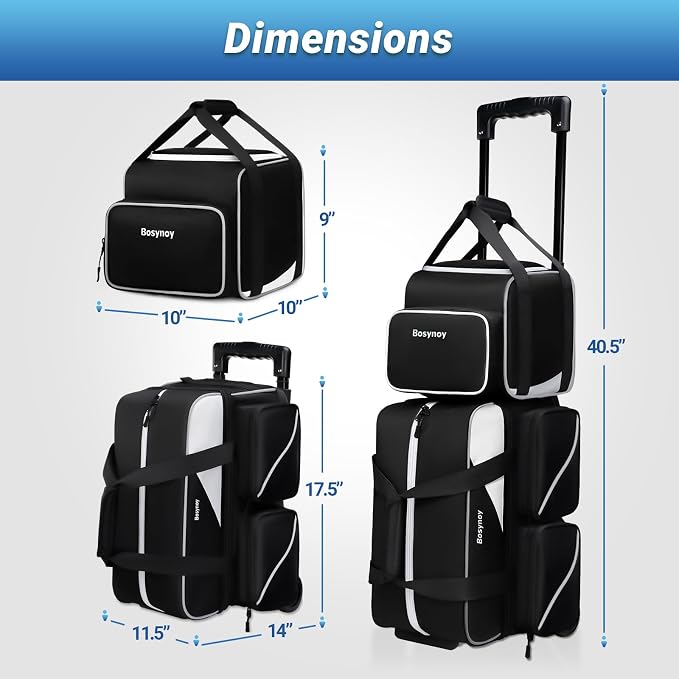 Bosynoy 3 Ball Bowling Bags with Wheels, Single Ball Tote+2 Ball Bowling Bag with Shoe Compartment (Up to US Men Size 16), Bowling Ball Bag 3 Ball Roller with Insulated Pockets, Black