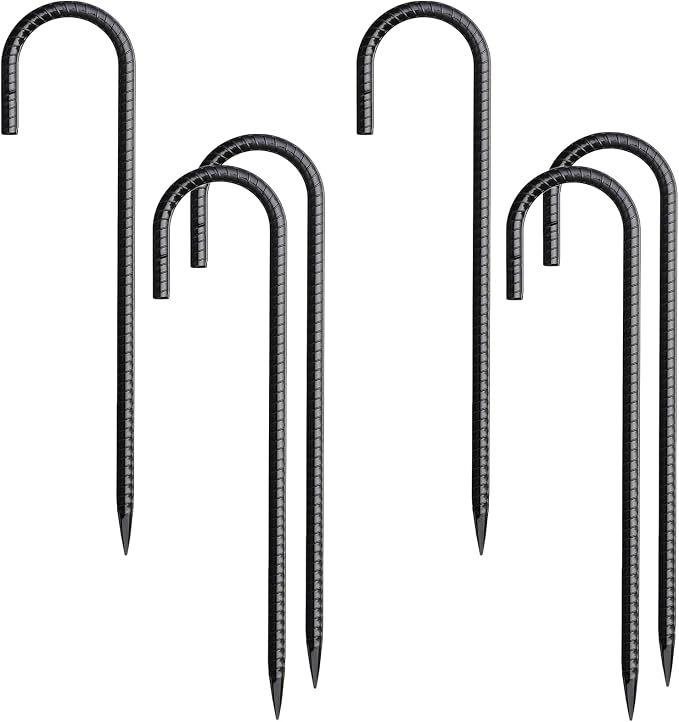 Rebar Stakes 12 Inch 6 Pack Tent Stakes Heavy Duty Metal J Hook, Fence Stakes for Trampoline, Fence, Camping Tent (6, J-12 x5/16 Black)