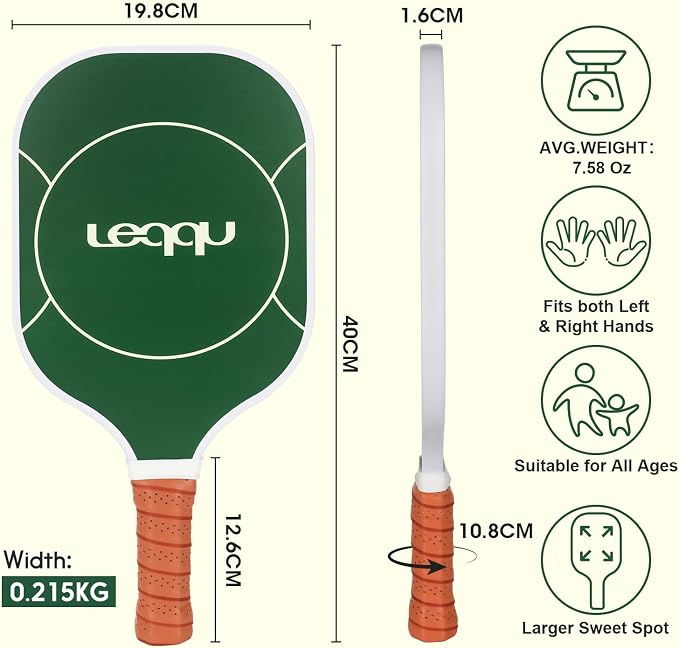 Fiberglass Pickleball Paddles Set of 2, Lightweight Pickle Ball Rackets Kit with Honeycomb Core Control Durable, 4 Outdoor Indoor Balls and Carrying Bag for Men Women