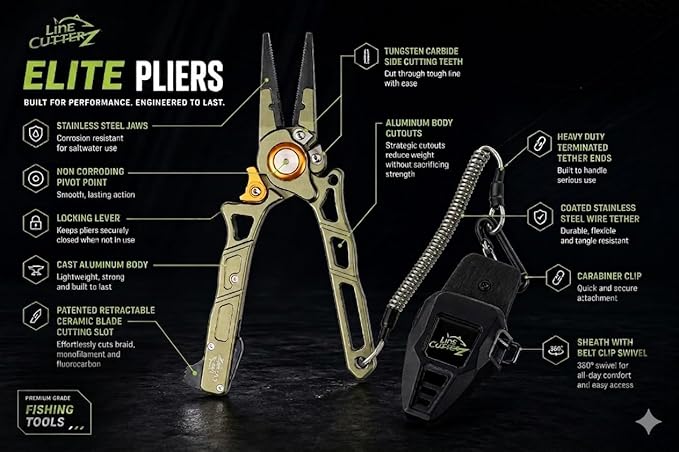 Line Cutterz Elite Saltwater Fishing Pliers, Patented Ceramic Braid and Line Cutter, Hook Remover, Sheath and Lanyard | Integrated Ceramic Blade Cutting Slot In Handle