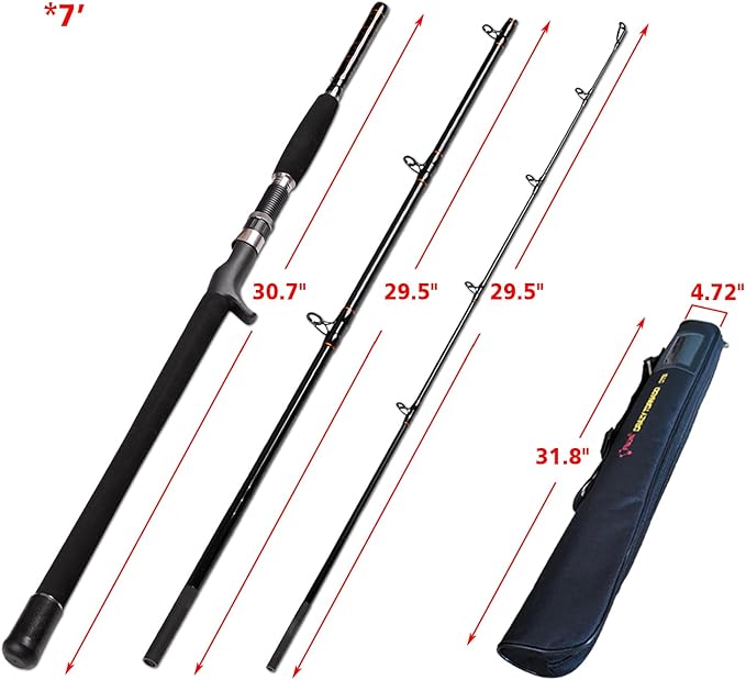Portable Saltwater Offshore Heavy 3-Piece Travel Graphite Baitcasting Fishing Poles Casting Boat Jigging Trolling Conventional Rods with Rod Case Bag (6'/7'/8')