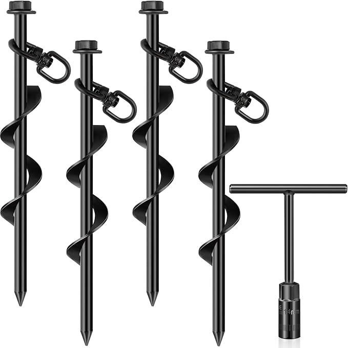 Hiboom 4 Pcs Ground Anchors with T Handle Hex Wrench Trampoline Hook, Ground Anchor Screw in Kit, Inflatable Outdoor Decorations Accessories for Camping Tents Car Ports Canopies (Black,8 Inch)