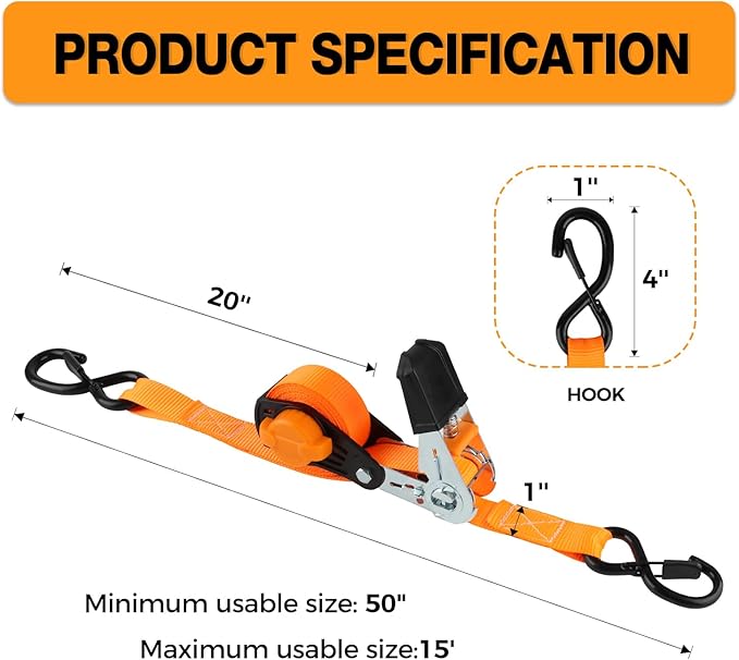 Ratchet Straps Heavy Duty 4 Pack -15 FT - 1500 LB Break Strength – with Safety Lock Chromoly S Hooks - Cargo Straps for Moving, Appliances, Motorcycle Self-Storing NeatStrap