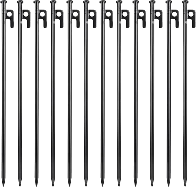 ABuff 12 Pcs 16 Inch Tent Stakes Heavy Duty Metal Tent Pegs, Camping Steel Tent Stakes for Unbreakable and Inflexible Camping Backyard Rocky Ground
