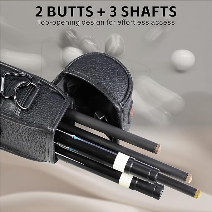 2x3 Billiard Cue Case – Holds 2 Butts & 3 Shafts, PU Leather Exterior, Plastic Buckle Closure, External Accessory Pocket & Towel Hook, Black/Blue/Pink