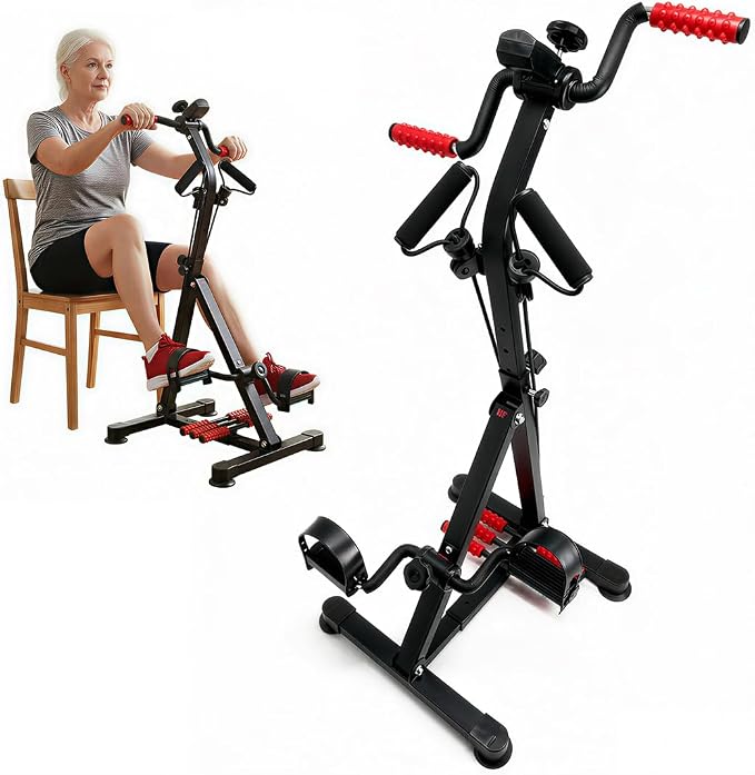 3-in-1 Pedal Exerciser with Resistance Bands, Under Desk Bike for Seniors Arm & Leg Workout, Adjustable Tension Floor Cycle with Massage Rollers, Seated Mobility Equipment