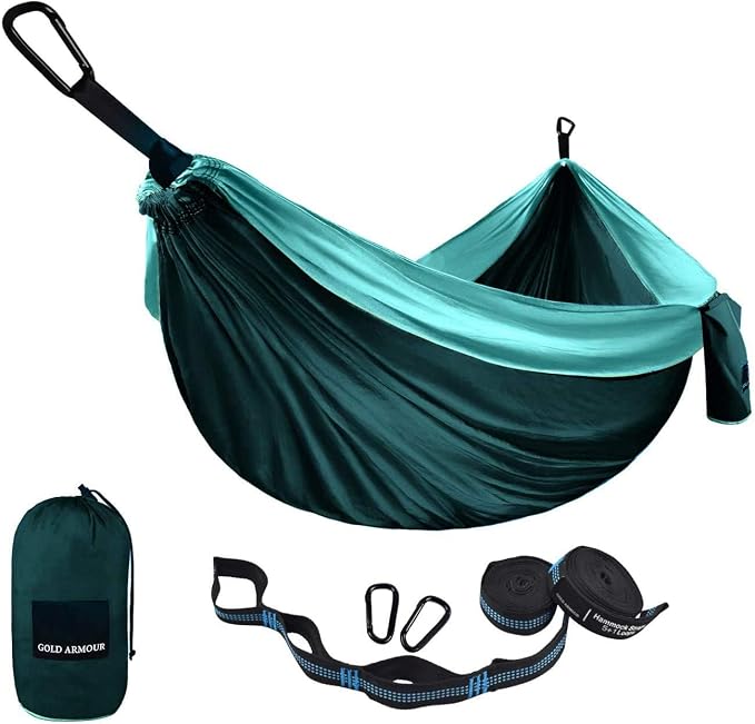 Gold Armour Camping Hammock - Portable Hammock Single Hammock Camping Accessories Gear for Outdoor Indoor Adult Kids, USA Based Brand (Turquoise & Seafoam)