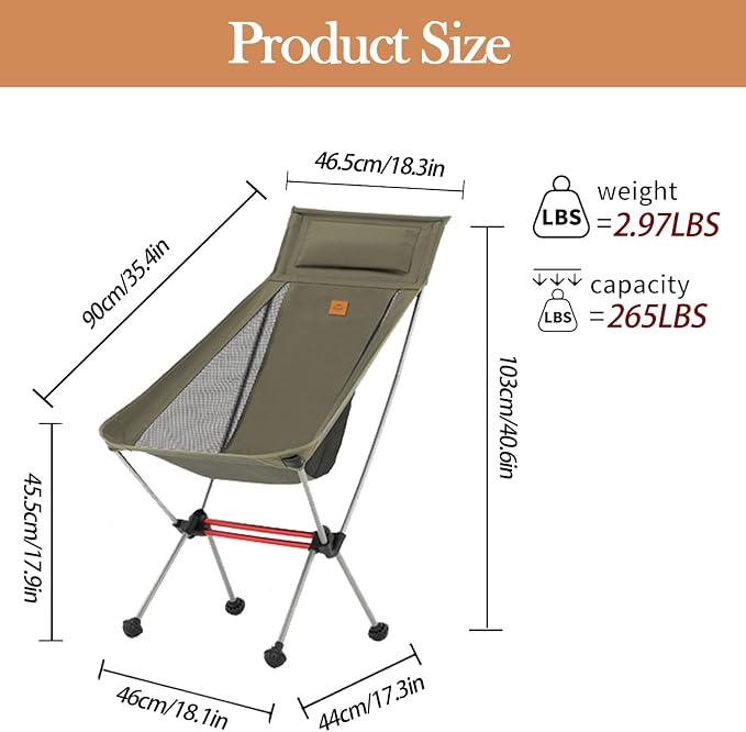 Naturehike Camping Chair, Foldable with Storage Bag, Outdoor Portable Chair for Adults, Lightweight, Supports 330lbs, Backpacking Chair for Fishing, Hiking, Beach, Lawn