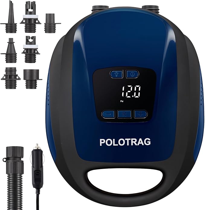 Polotrag Paddle Board Pump, SUP Electric Pump, Professional 20 PSI Portable Air Compressor with Auto-Off, Deflation Function and 12V DC Car Cigarette Lighter for Inflatables, Kayaks and Boats