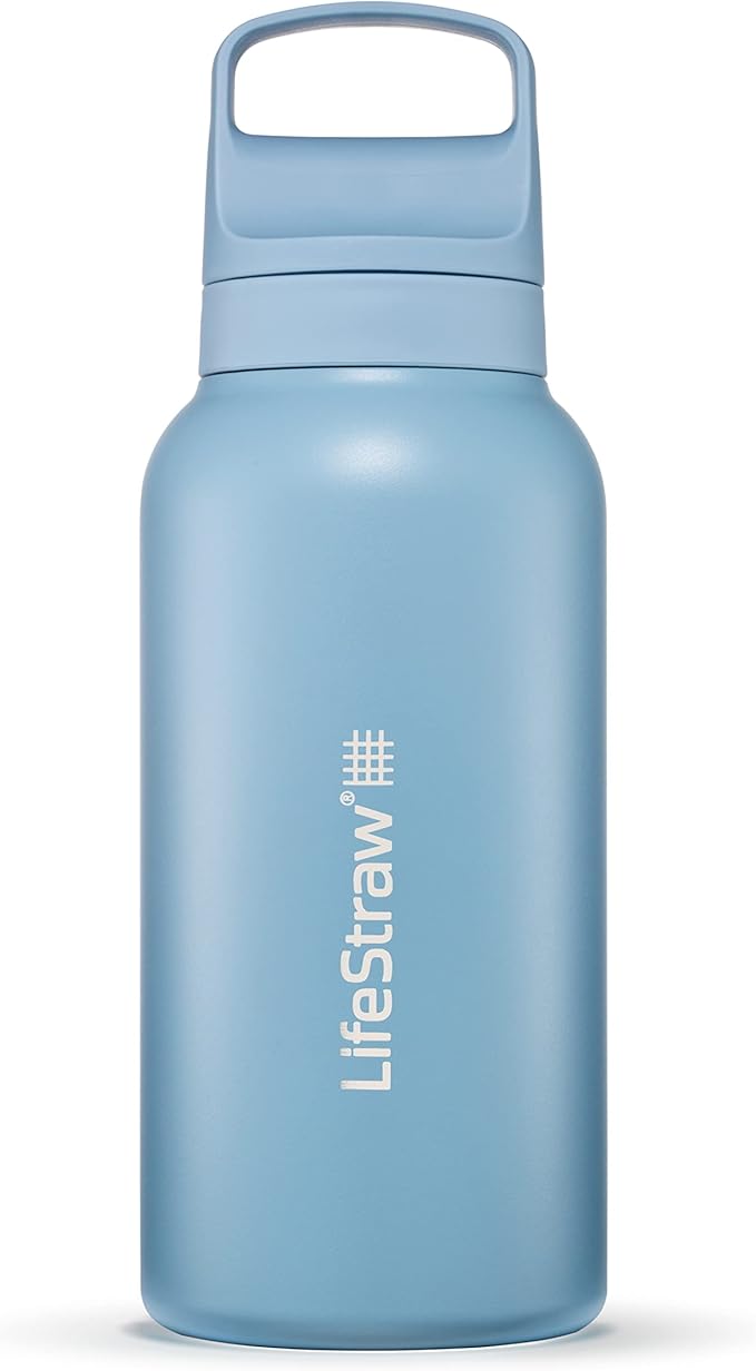 LifeStraw Go Series — Insulated Stainless Steel Water Filter Bottle for Travel and Everyday Use removes Bacteria, Parasites and Microplastics, Improves Taste, 1L, Icelandic Blue