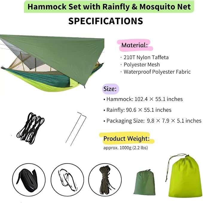 Double Camping Hammock with Mosquito Net and Rain Fly – Lightweight 3-in-1 Tent Setup for Outdoor Hiking, Travel, Patio & Backpacking – Portable Hammock for Adults with Tree Straps & Bug Net