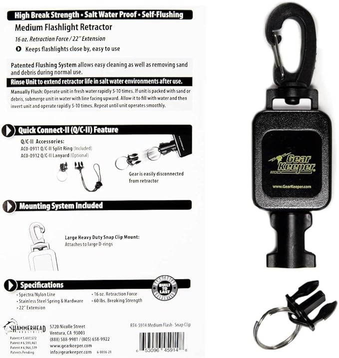 Gear Keeper Scuba Dive Light & Underwater Camera Retractor - Retractable Tether to Keep Scuba Gear Secure & Accessible - Snap Clip Mount & QC-II Split Ring - Scuba Diving Accessories - Made in USA