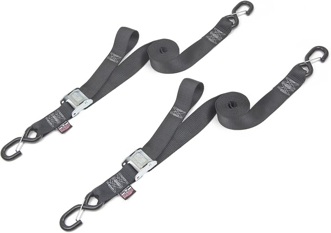PowerTye Cam Buckle Tie Down Straps – 2 inch x 12ft Straps with Latch Hooks – Ideal for Motorcycle, ATV, Trailers, and Truck Bed Cargo – 600 lb WLL & 1,800 lb Break Strength – USA Made, Black (Pair)