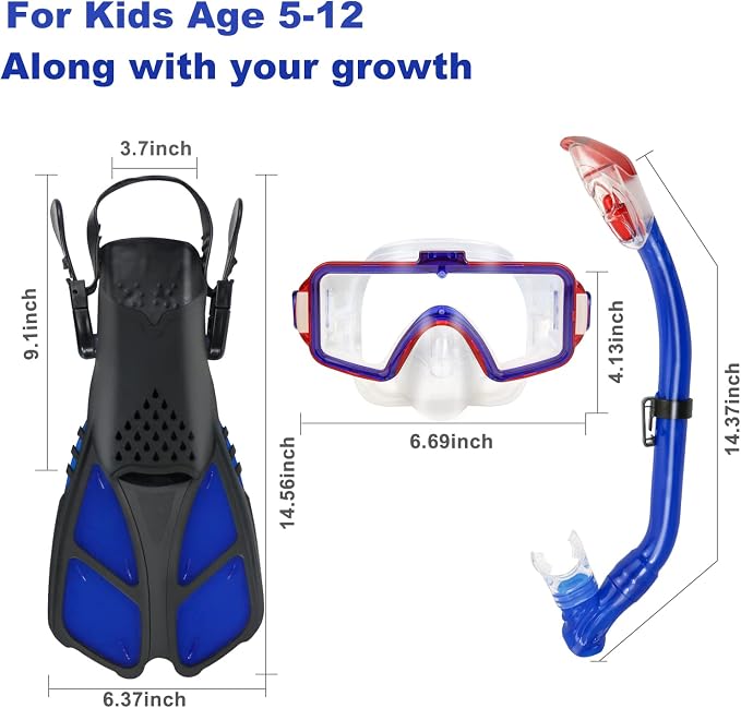 Kids Snorkeling Set - Adjustable Flippers + Panoramic Snorkel Mask + Dry Snorkel Tube + Travel Bags - Suitable for Kids & Juniors, Age 5-14
