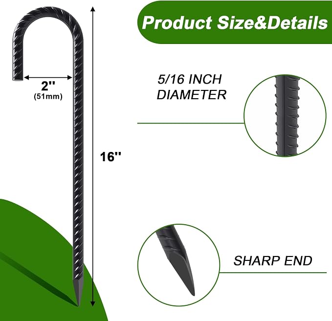 AAGUT Rebar Stakes 16 Inch J Hook Heavy Duty 40 Pack, 5/16 Inch Black Coated Metal Steel Ground Anchors Chain Link Fence Stakes for Camping Tent, Inflatables, Yard Decorations, Canopies & Swing Sets