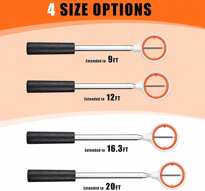 Professional Golf Ball Retriever Telescopic for Water, 9Ft/12Ft/16.3Ft/20Ft Stainless Steel Golf Ball Retriever with Spring Release-Ready Head Locking Clip