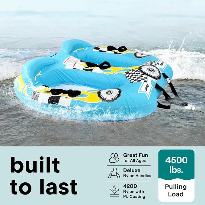 Serenelife Inflatable Towable Tube for Boating – 2-4 Person, 4500 lbs Pulling Capacity, Deck Seats & Backrest, Premium Nylon Cover, Grab Handles, Front/Back Tow Points, Speed Safety Valve