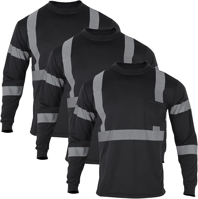 VENDACE 3 Pcs Safety T Shirts Reflective High Visibility Hi Vis Long Sleeve Construction Work Shirts for Men (Black,S)