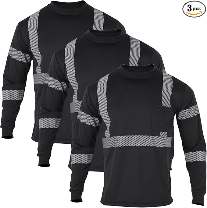 VENDACE 3 Pcs Safety T Shirts Reflective High Visibility Hi Vis Long Sleeve Construction Work Shirts for Men (Black,2XL)