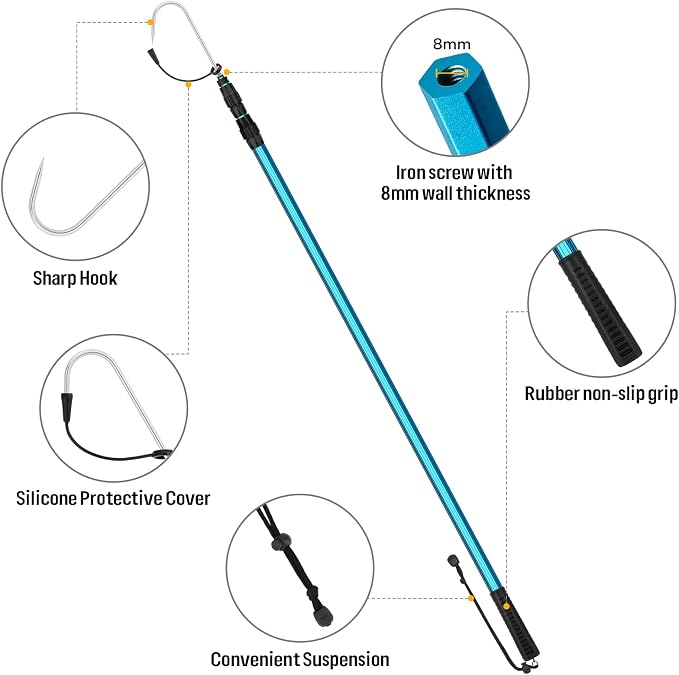 SANLIKE Telescopic Fishing Gaff Aluminum Pole with Nonslip Rubber Handle Stainless Steel M8 Screw Hook