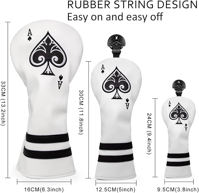 Ace Wood Club Headcover - 3pcs or 1pc - Driver/Fairway Woods/Hybrid Rescue - White Leather Golf Club Cover