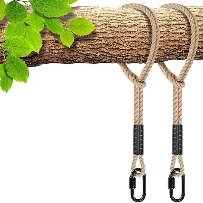 SELEWARE Hammock Straps, 8ft Tree Swing Rope for Hammock Chair Hanging Kit, Extension Rope with Carabiner for Indoor Outdoor Playground Tree Swings Camping Hammock Accessories (Beige, 2 Pack)