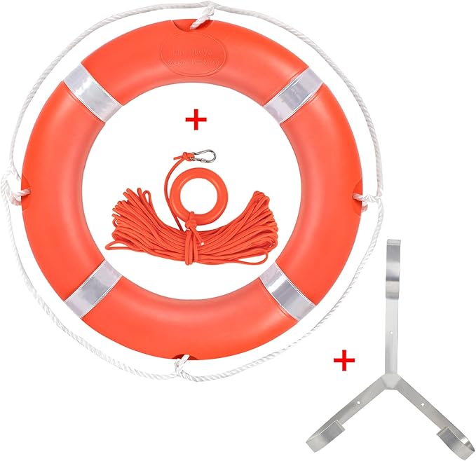 Life Preserver Ring 23"/28", Boat Safety Throw Rings with Bracket, Orange Buoy with Rope 98.5 FT and Reflective Tape for Boat