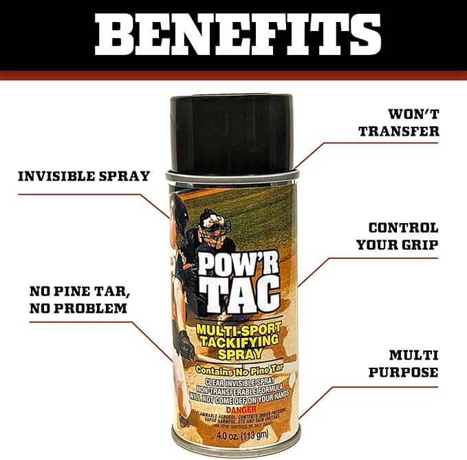 Pow’r Tac Grip Spray Adhesive for Sticky Baseball Bat Grips, Batting Gloves, Football Gloves, Tennis Rackets, Hockey Sticks - Clean and Invisible Alternative to Pine Tar Spray and Grip Tape