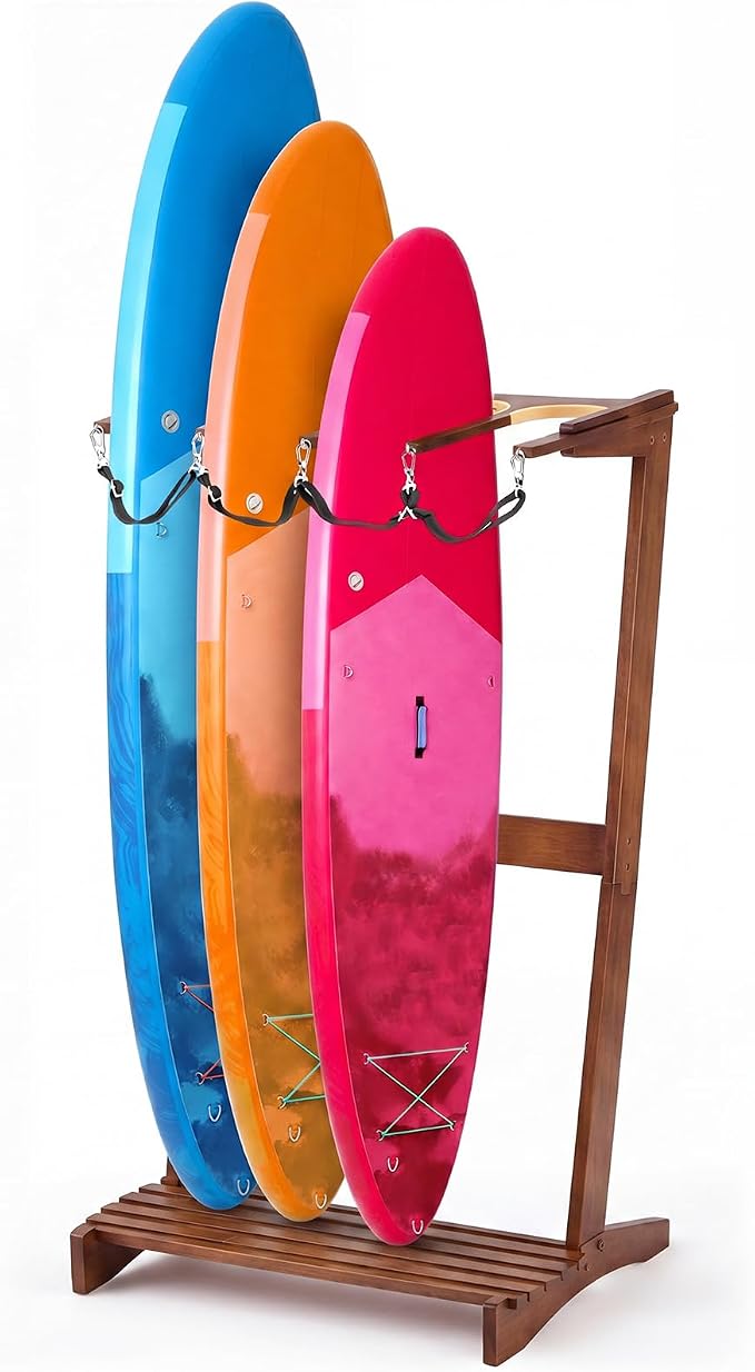 CroBlissful Surfboard Rack Freestanding Vertical Surf Board Stand for 4 Boards Bamboo Display Rack for Shortboard, Snowboard, Skateboard, Ski and Wakeboard