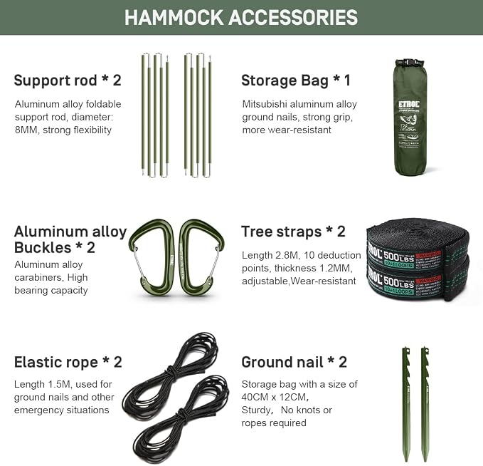 ETROL Camping Hammock with Mosquito Net,3 in 1 Function Parachute Portable Hammock,Double & Single Hammocks Tent for Travel Outdoor Indoor Hiking Patio - with Tree Straps,Carabiners,Aluminium Poles