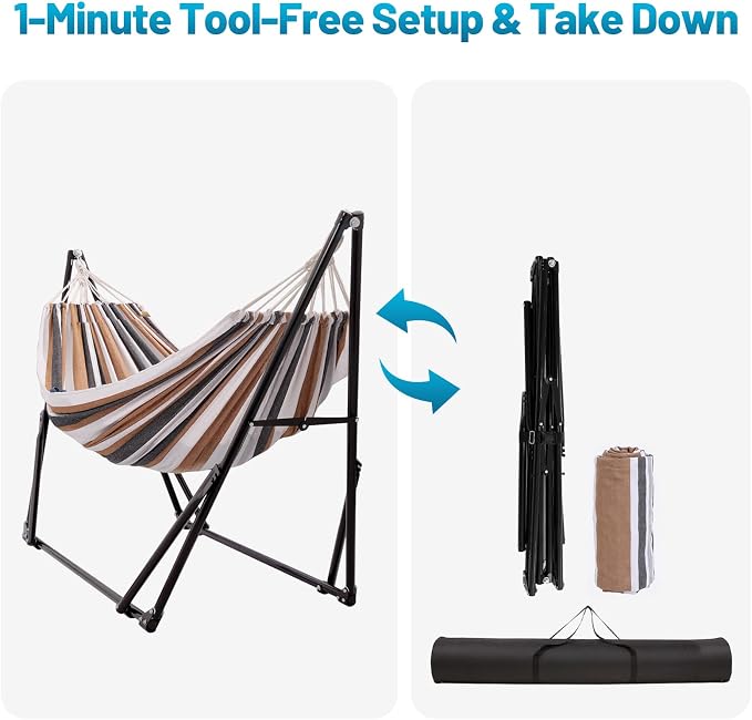 Hammock with Foldable Steel Stand,Frabic Tension Adjustable Indoor,Carrying Bag Included, 616 lbs Weight Capacity, Portable Suitable for Outside Garden Yard Outdoor Inhouse Yellow