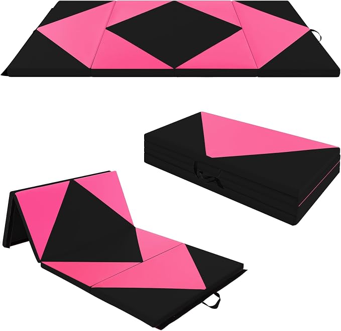 Goplus Gymnastics Mat, Folding Tumbling Mat with Carry Handles, Hook & Loop Fasteners, 4 Panels for Fitness Exercise Yoga Stretching Aerobics Workouts, Thick Gym Mats for Home