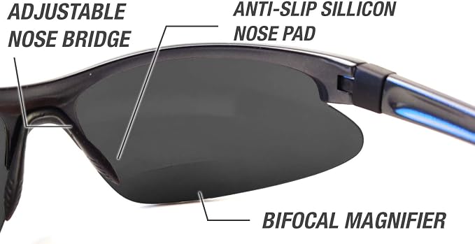 Renegade Patented Bifocal Polarized Reader Half Rim Men's Fishing Sunglasses 100% UV Protection with Microfiber Bag (Matellic Frame, Grey Lens - 600901, Bifocal +2.50)