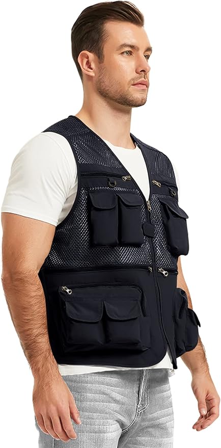 Flygo Men's Fishing Vest Utility Lightweight Outdoor Travel Safari Photo Cargo Vest with 16 Pockets