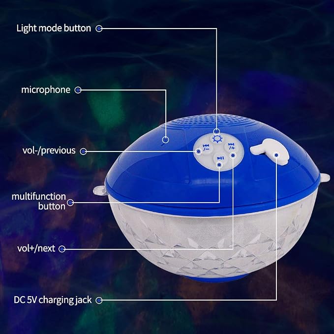 Bluetooth Pool Speaker with Colorful Light, Portable Floating Pool Speaker IP68 Waterproof,Built-in Mic, Floatable Crystal Clear Sound Wireless Bluetooth Hot Tub Speakers for Pools Spa Outdoor