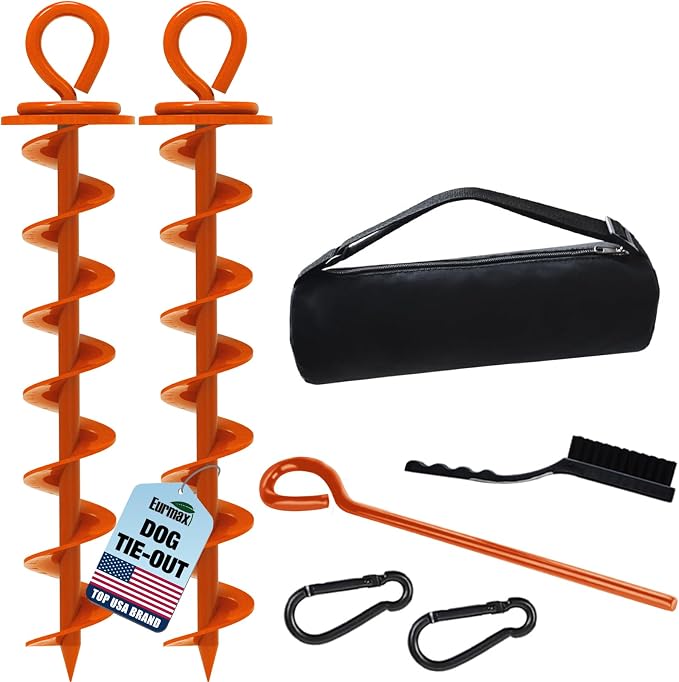 Eurmax USA 2-Pack Heavy Duty Dog Tie Out Stake, No-Tangle In Ground Anchor Runner for Large Dogs up to 210 Lbs - Perfect for Yard, Beach and Camping (Large,Orange)