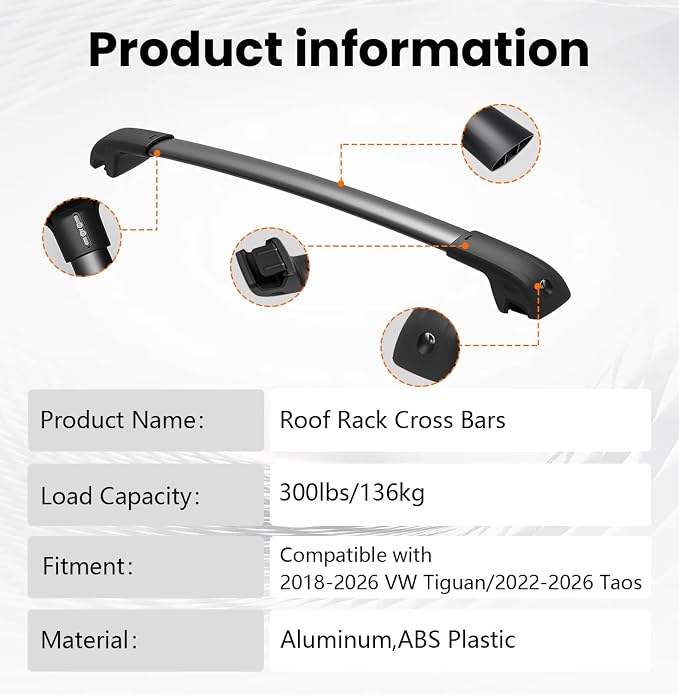 300lbs Lockable Roof Rack Cross Bar Fit for Volkswagen VW Tiguan 2018-2026 (Not for Limited) & Taos 2022-2026, Aluminum Roof Rails Crossbars for Cargo Bars Luggage Bike Kayak Rack