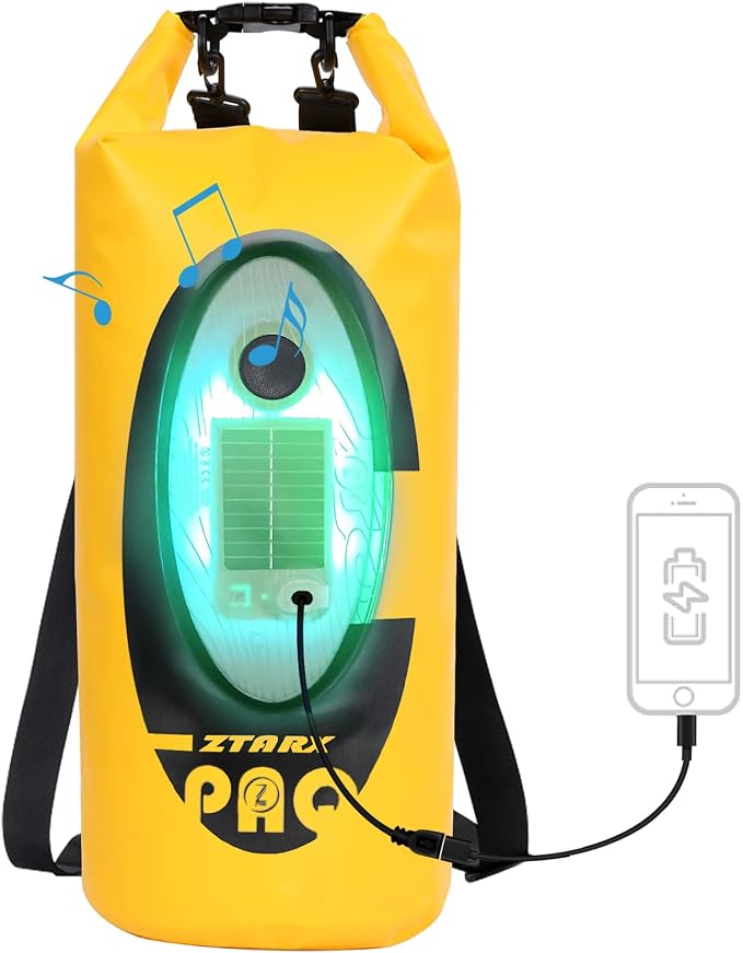 Qoolife Dry Bag Waterproof with Solar Bluetooth Speaker & Light - 10L/20L Roll Top Dry Sack Keeps Gear Dry for Men Women Kayaking, Beach, Rafting, Boating, Hiking, Camping and Fishing