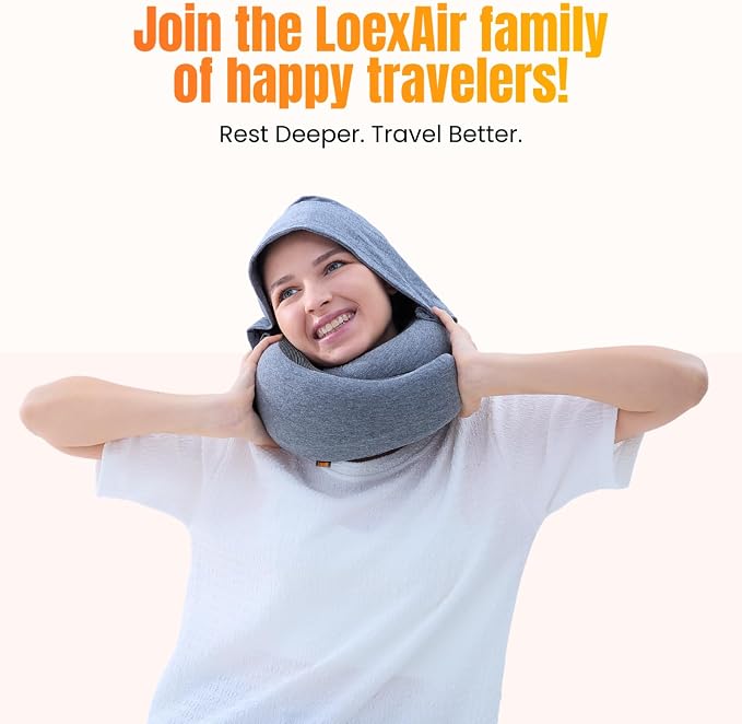 LOEXAIR™ Travel Pillow, Neck Pillow Travel for Airplane, Car - 100% Cotton Fabric & Memory Foam Plane Pillow, Lightweight & Easy-to-Carry on Flight, Full Travel Set (Eye Mask, Earplugs) - Light Grey