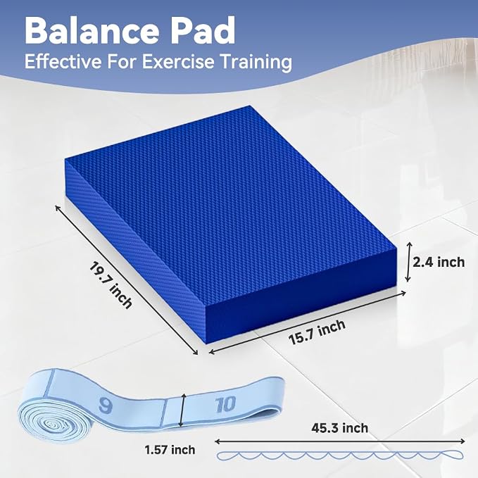 Extra Large Yoga Exercise Balance Pad - Thick Non-Slip Stability Cushion for Pilates and Exercise - High Density Foam Trainer for Core Strength Home Gym - Bonus: 10-Position Resistance Band!