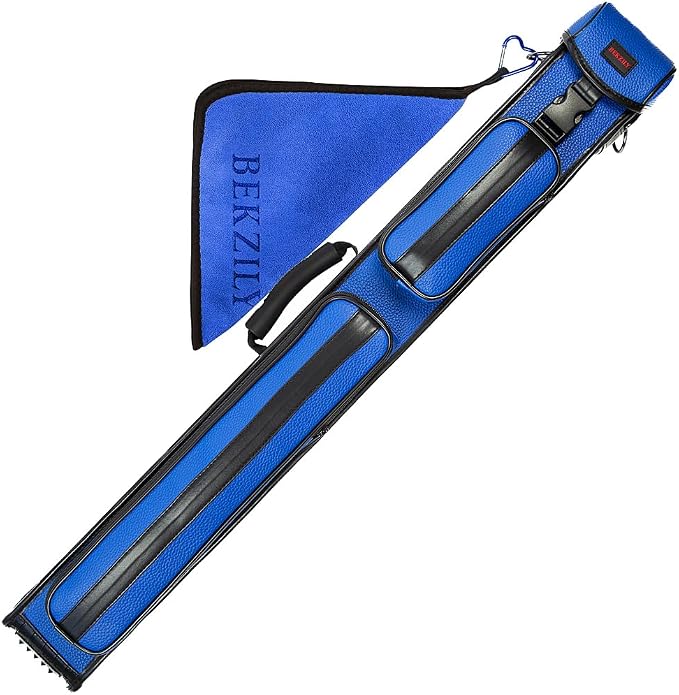 2x3 Billiard Cue Case – Holds 2 Butts & 3 Shafts, PU Leather Exterior, Plastic Buckle Closure, External Accessory Pocket & Towel Hook, Black/Blue/Pink