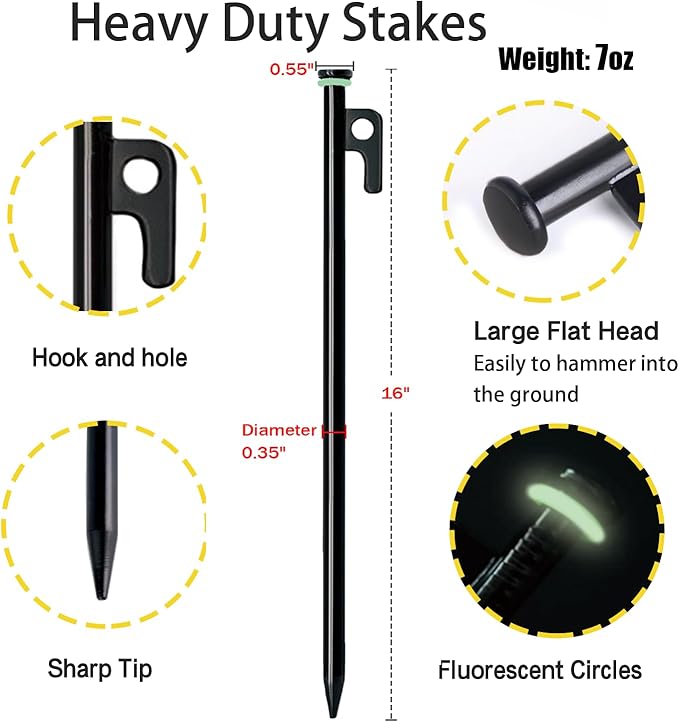 8 Pack Tent Stakes with Hammer, 16in Heavy Duty Tent Stakes + 12in Camping Hammer+Storage Pouch, Forged Steel Stakes for Camping Used on Rocks(8Pcs 16in Stakes and Hammer)