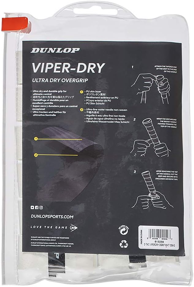 Dunlop Sports Viper-Dry Tennis/Squash/Badminton/Padel OVERGRIP (3-Pack, 12-Pack, 30-Pack Roll) (Black & White Colors) (Ultra Dry and Durable Grip for Ultimate Control)