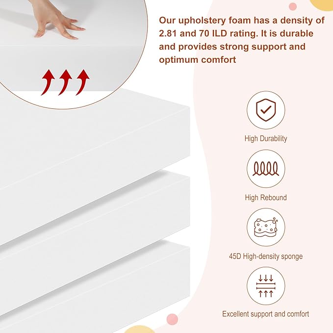 High Density Upholstery Foam 6" X 24" X 24", 3PCS Couch Cushion Replacement - 45D Density 70 ILD (Firm), Square Foam Padding for Chairs, Cut to Size Foam Replacement Cushion for Sofa Chair Bench