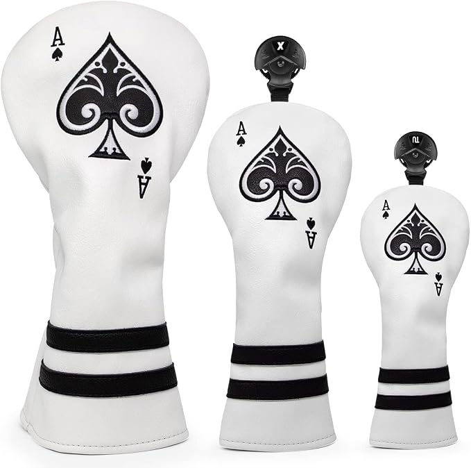 Ace Wood Club Headcover - 3pcs or 1pc - Driver/Fairway Woods/Hybrid Rescue - White Leather Golf Club Cover