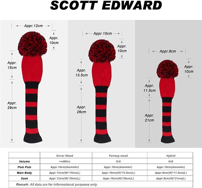 Scott Edward Golf Club Head Covers Set of 4, Acrylic Yarn Double-Layers Knitted, with Rotatable Number Tags