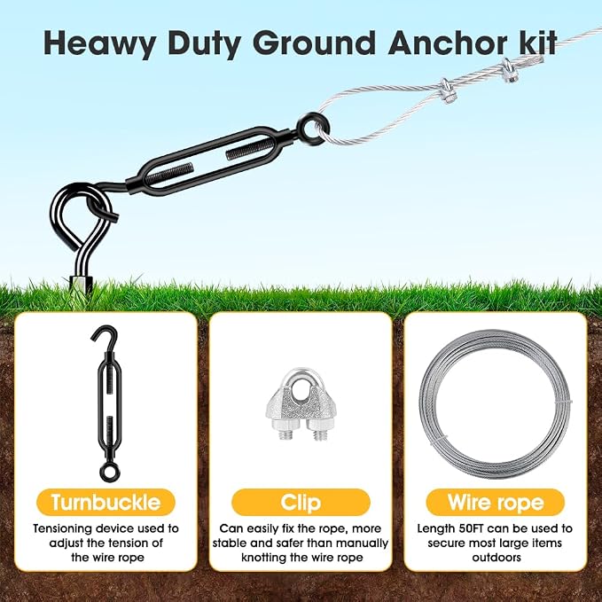 15in 8 Pack Ground Anchors with 1/8" Galvanized Cable Shed Anchor Kit, Trampoline Stakes Anchors High Wind – Ideal for Canopies, Sheds, Car Ports, Swing Sets Gazebo Greenhouse (15 in of 8 Pcs)