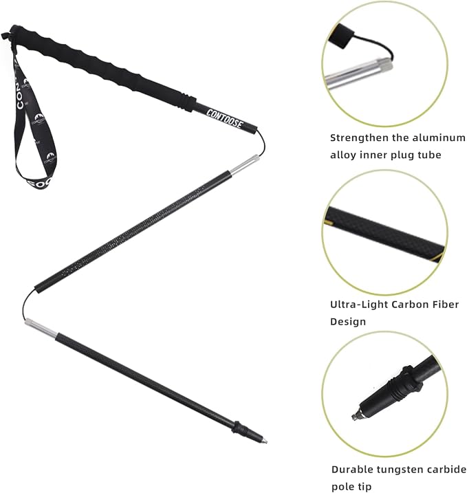 Ultra Light Carbon Fiber Trekking Poles | Collapsible Walking Sticks for Hiking & Trail Running | 37.4 in Fixed Length, 3.35 oz, Black, Anti-Slip Grip for Kids (1-PCS)